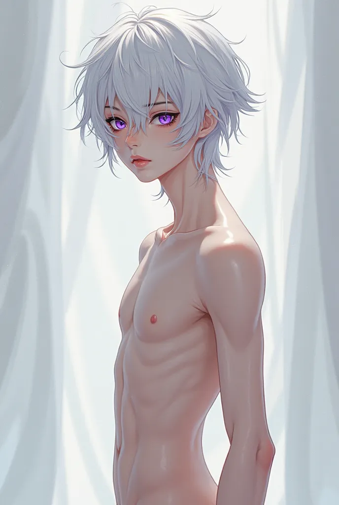 Tall and slim anime boy with white hair and purple eyes. Naked. Uncut penis.