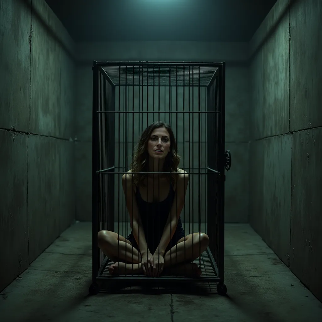 Highly realistic photo of a beautiful sexy young woman sitting locked in a small square cage. Cage is in the middle of the floor in a creepy basement. wavy hair. 