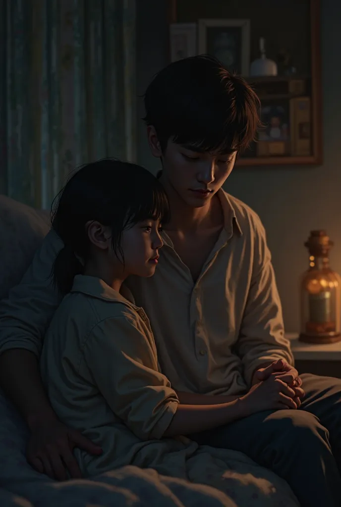 A blind girl sits in her room in a dimly lit house.

Her boyfriend, who supports her, holds her hand lovingly.

The girl's face is sad but hopeful.