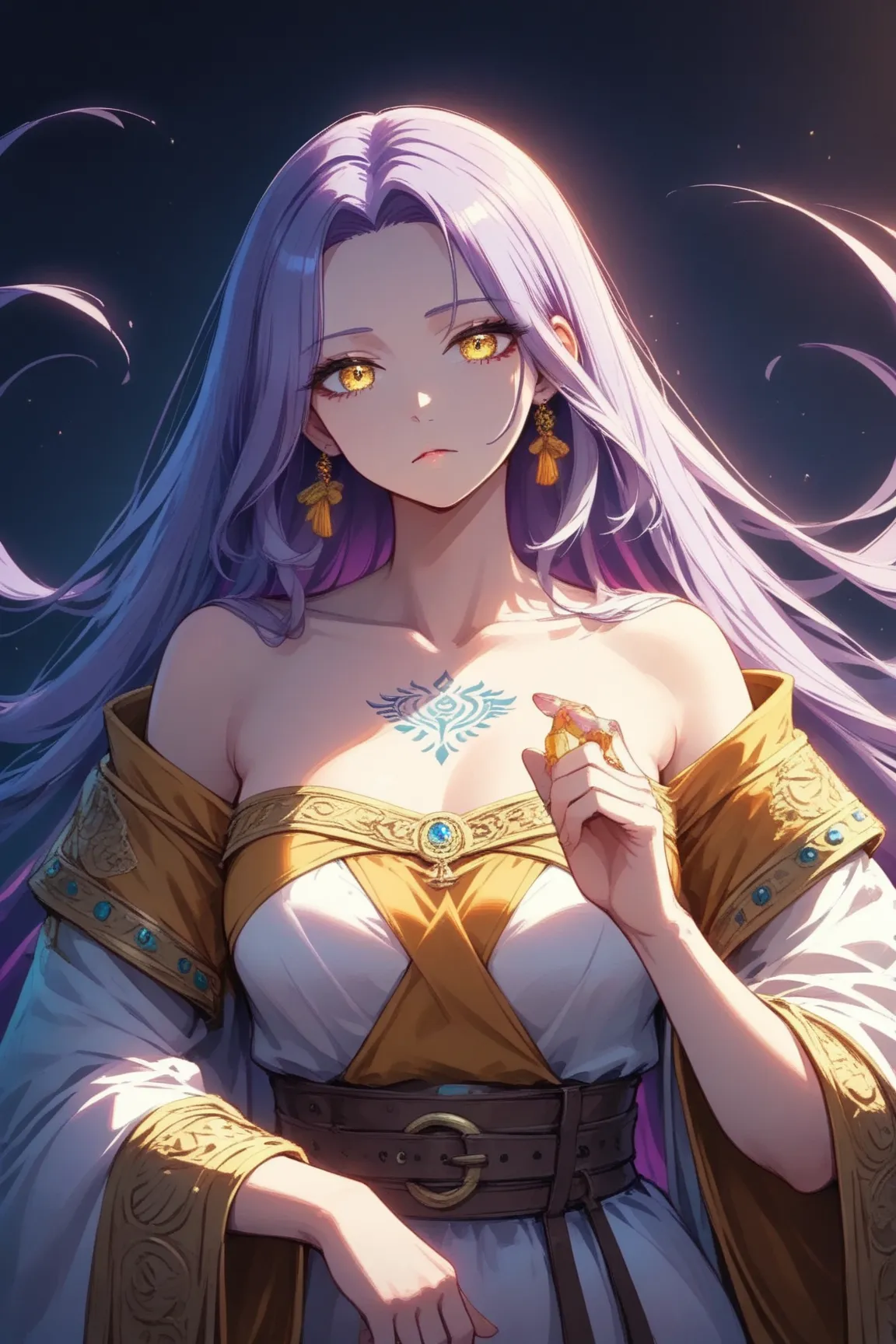 Highly Detailed、Ultra HD、score_9、score_8_up 、score_7_up 、8k、masterpiece、 Very Delicate、1 woman(、162cm、46kg、 small head 、ephemeral、 clear、expressionless、 light purple hair、super long hair、Super long hair、long bangs、split in the middle、center division、Forehe...