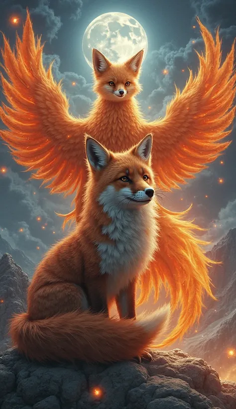 A majestic nine-tailed fox and an imposing phoenix share an epic setting. The fox is a mystical creature, with a thick and shiny coat in reddish and golden tones, each of its nine tails moves gracefully, as if they were imbued with magical energy. His eyes...