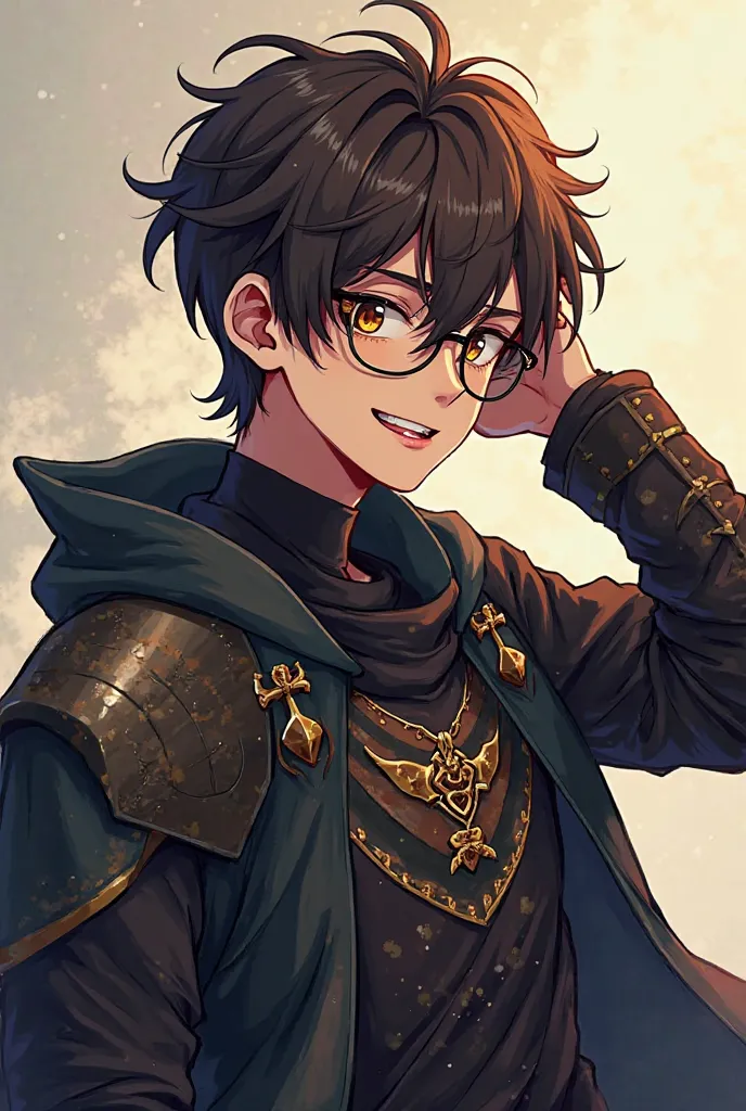 Create an anime-style portrait of Copper in his human form. He is a slender, agile character—standing 5 feet tall and weighing 100 lbs. His look is defined by thick, round glasses that give him an intelligent, thoughtful air. His hair is a messy, medium-le...