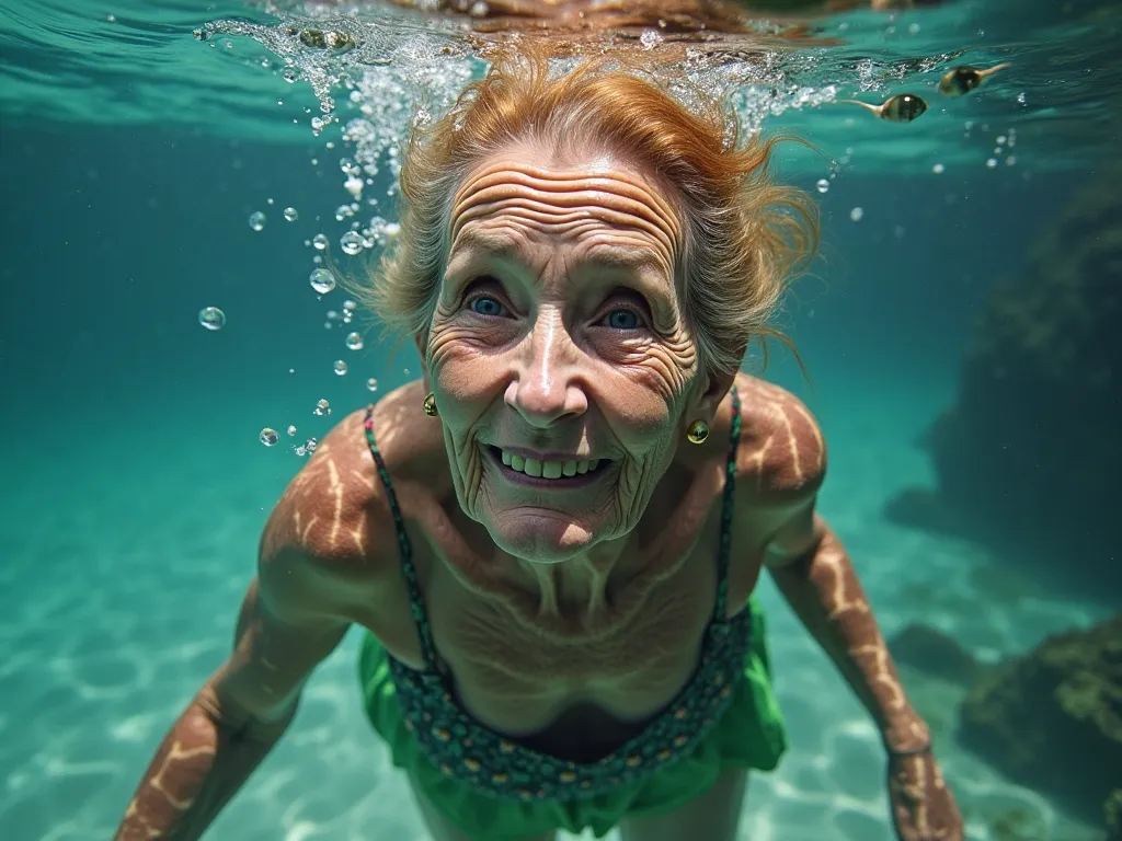 image réaliste d'une sirène qui est sous l'eau, in the Caribbean (transparent water, with a fairly round face) : with a lot of wrinkles (She is at least 90), this is an elderly woman, With a puffy face, with a lot of wrinkles, full of wrinkles, des rides p...