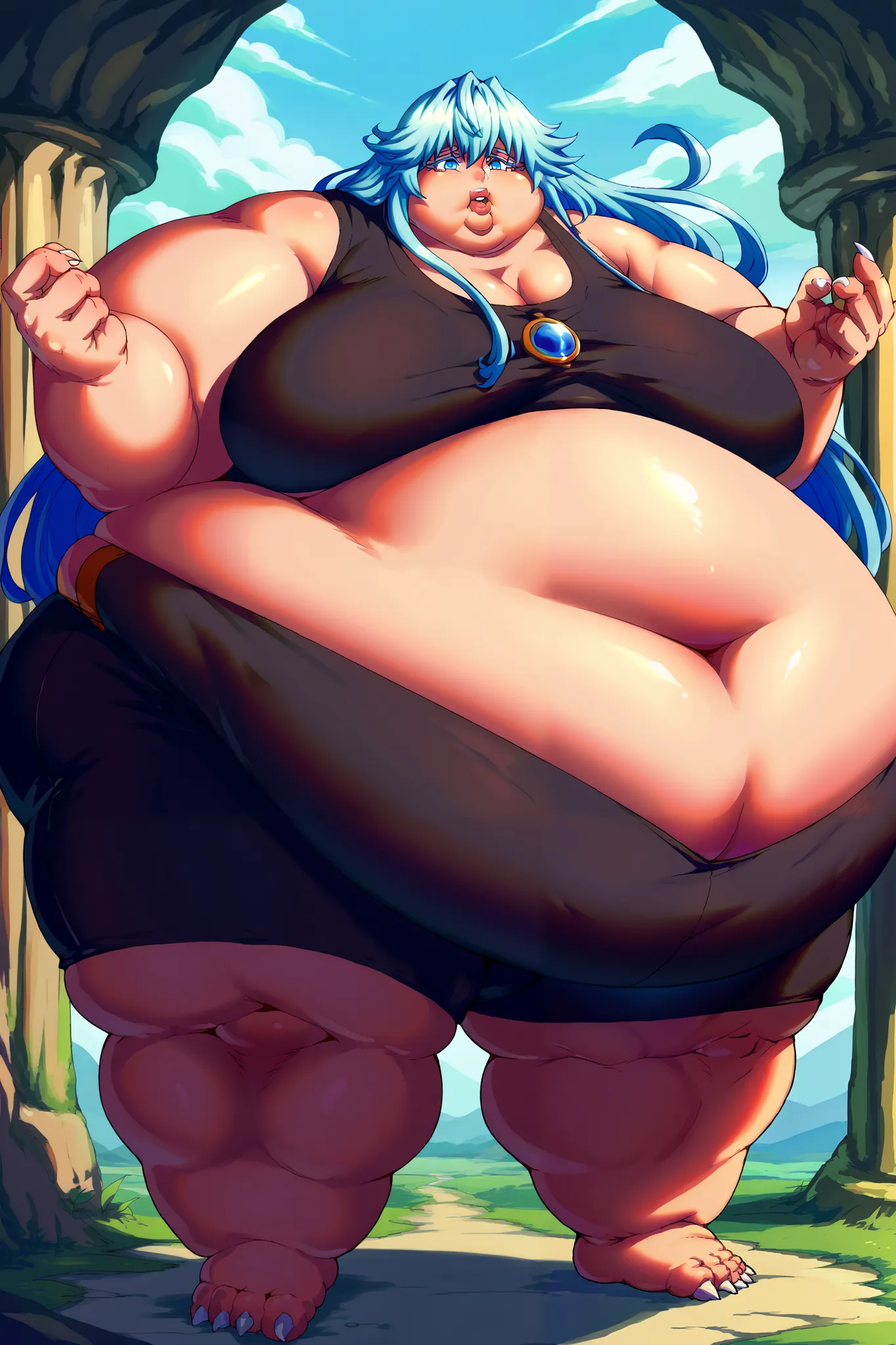 Girl becoming a monster, becoming a troll, fat, chubby, obese, elfaria albis serfort, long hair, blue hair, blue eyes, colored eyelashes, sidelocks, medium breasts, tank top, midriff, bike shorts, giant hands, giant feet, fat, chubby, obese, gigantic arms ...