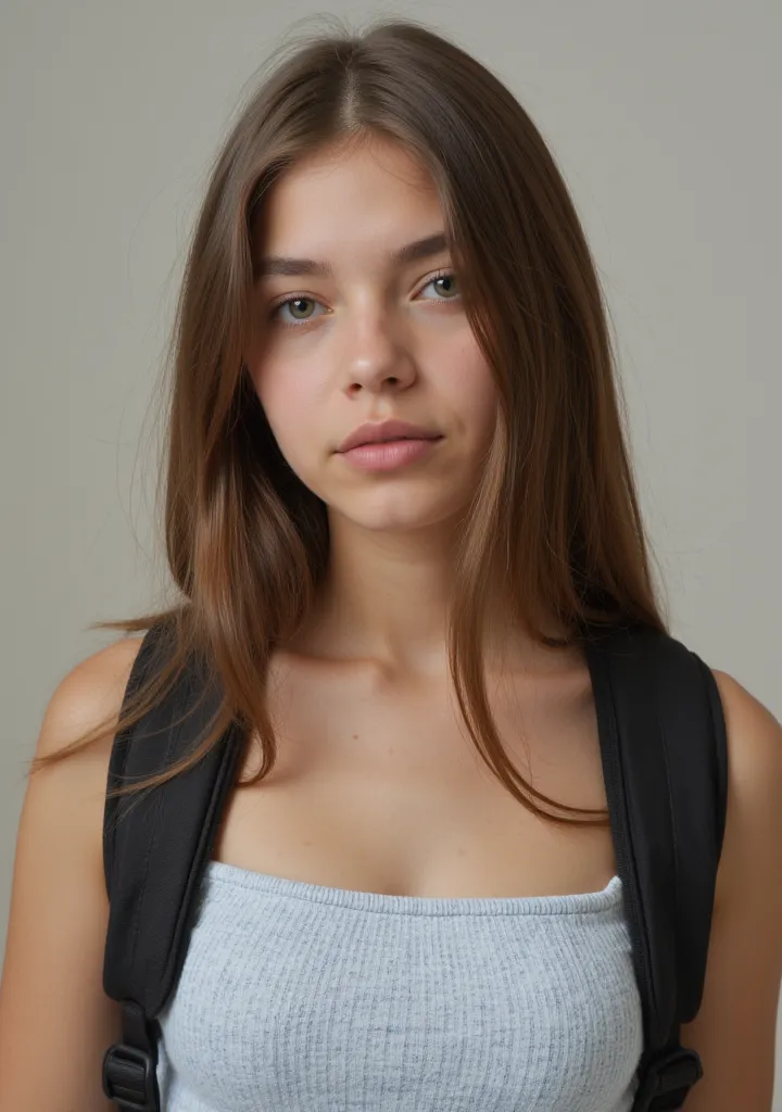  Very Beautiful Girl , With a crop top, And a school bag. She has very nice hair, European, Aged 19 She is in front of the camera. She has a little makeup that makes her very beautiful. It is perfect as a crop top, smooth face