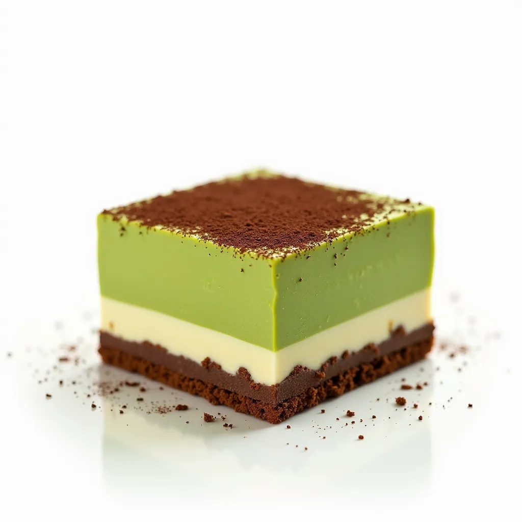 A traditional square serving of matcha tiramisu,layered with cocoa powder, displayed on a bright white background.