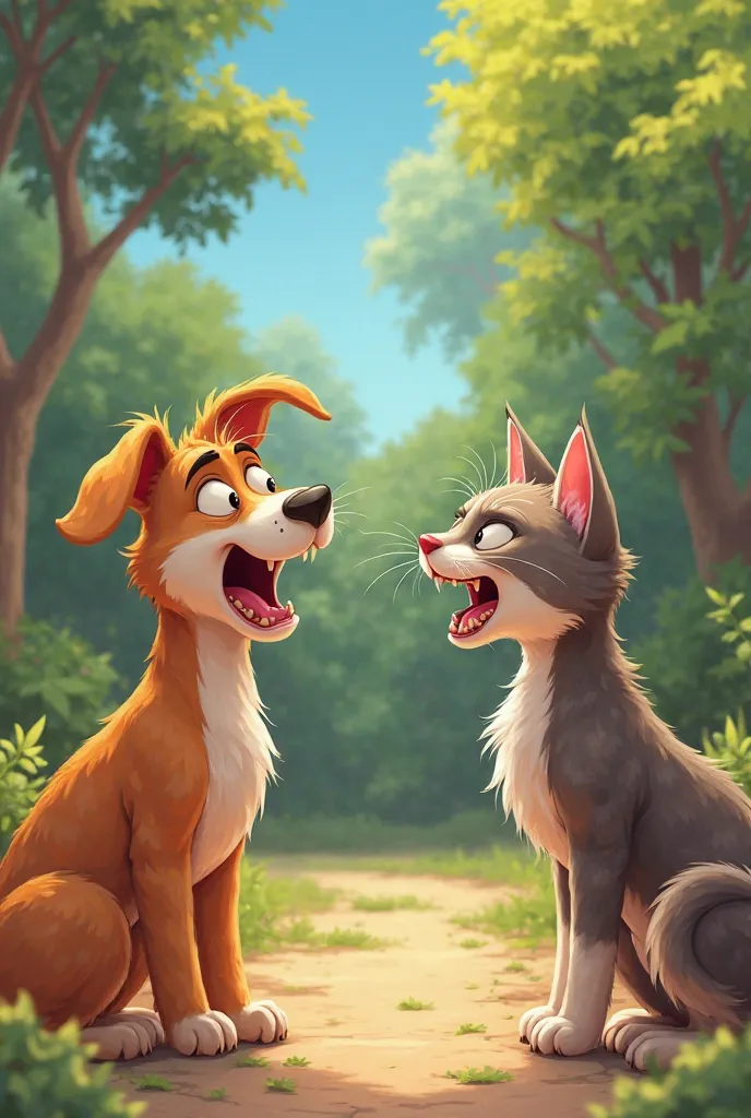 "A funny cartoon scene where the dog is barking loudly, and the cat is hissing back. Both look frustrated and silly, standing face to face. Bright, vibrant background with trees and a garden."