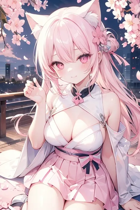 (masterpiece), best quality, expressive eyes, perfect face, details, solo, cat girl, white cat tail, white cat ears, long hair, white hair, pink eyes, cute clothes, cute skirt, cherry blossom trees, japan, city, cloudy, blush, cute smile, neko pose
(master...