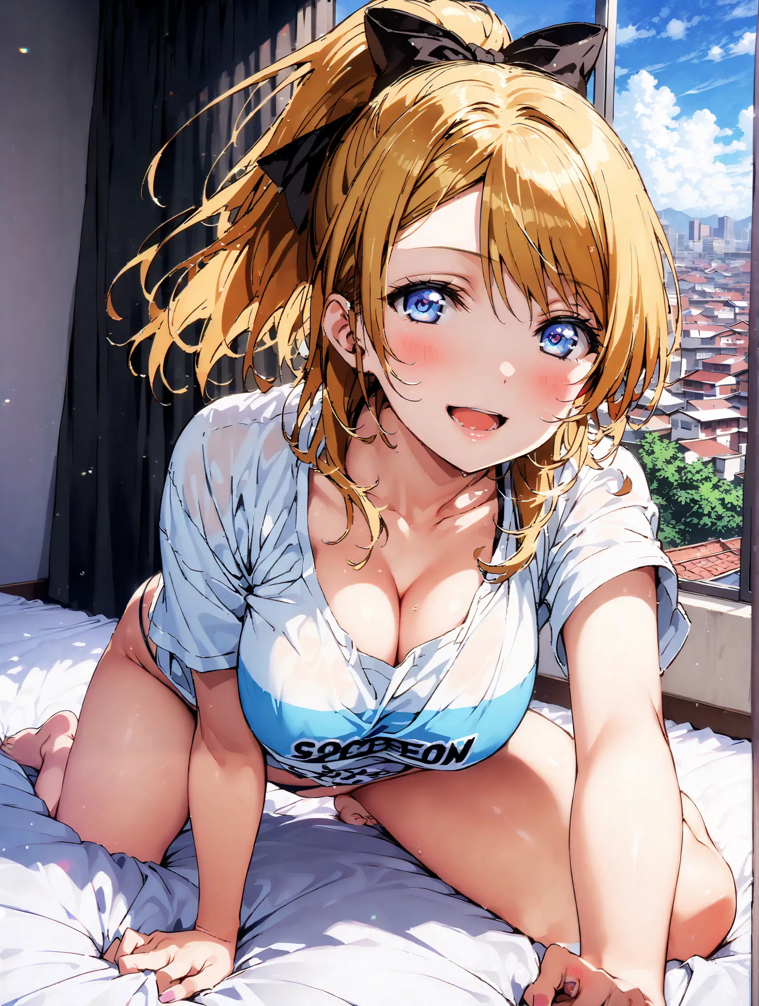 score_9, score_8_up, score_7_up,  source_anime,
Area Se, Eli Ayase,  yellow hair , blue eyes, ponytail, hair bow,Alone,smile,blush,open your mouth,Big Breasts,Chest Valley, down blouse that shifts the chest, Loose Tee,black string panties,Bare legs,bare fe...