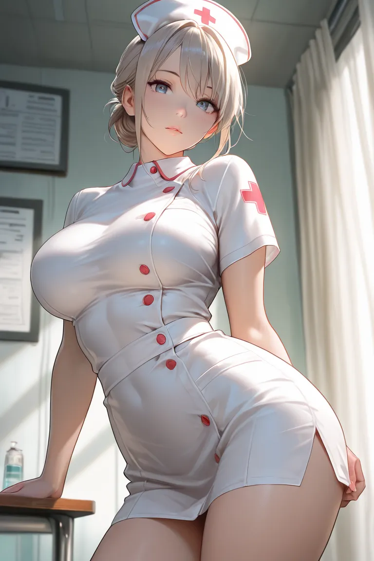 beautiful sexy girl, simple hairstyle, attractive, top quality, masterpiece, nurse outfit, showing less clothes, cinematic shot, dynamic pose, mysterious, fit body, low viewpoint, looking at viewer