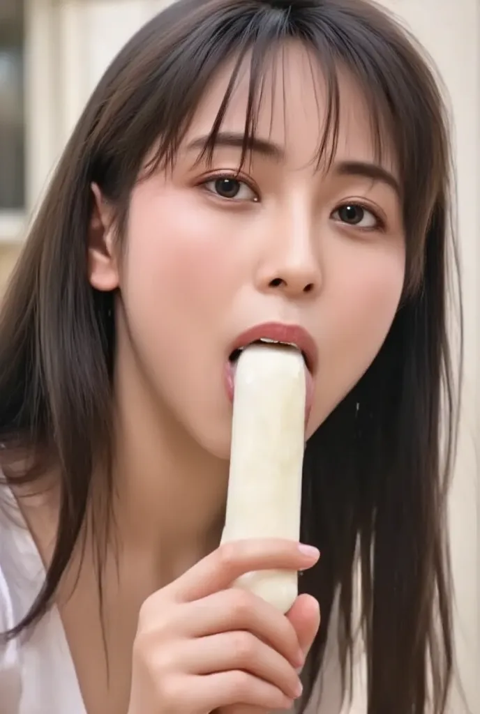  ２８ year-old Japanese woman 。Datarako-kun。face up photo only .close-up photo of a beautiful face seen from the front。cylindrical、white popsicles、Put it deep into your mouth 、lick it。Please hold the wooden stick with your hand。。Please keep a close look at m...