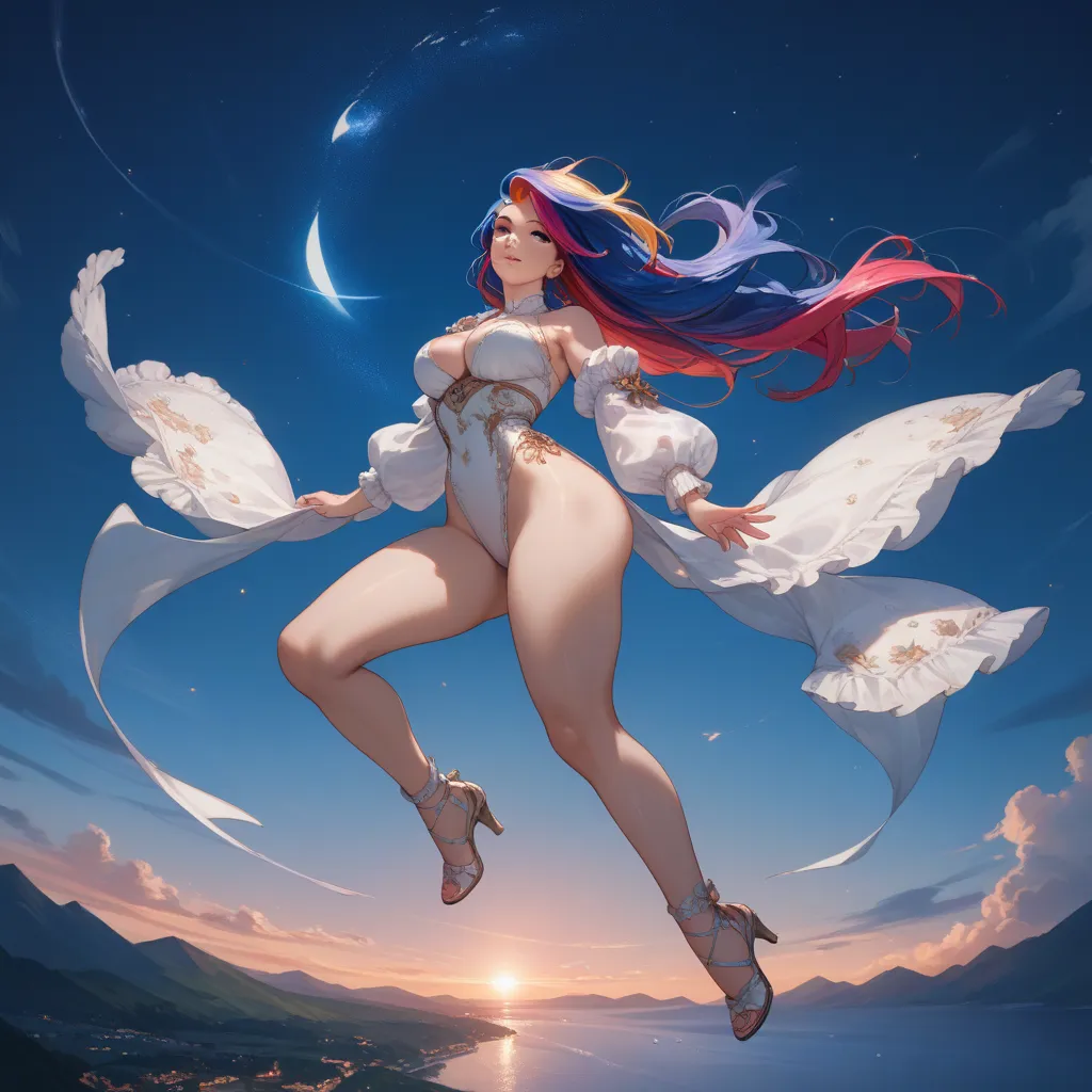  anime woman night,(((random color hair))), long hair, full body, in perspective(((body with beautiful curves, in the air))) 