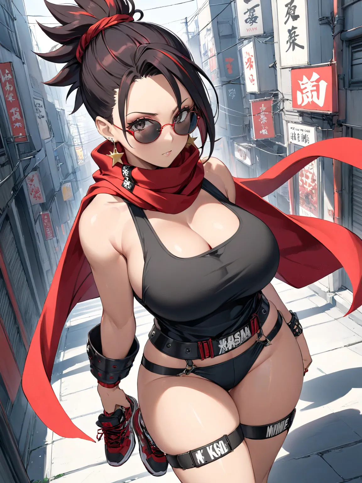 Pencil drawing on a pure white mount. a woman anime, mikasa_ackerman, short hair, black eyes, big eyes, red scarf, Charcoal Mohawk Updo, thigh strap, big breasts, star earrings, urban samurai, red and black color scheme, beautiful anime face, sunglasses, s...