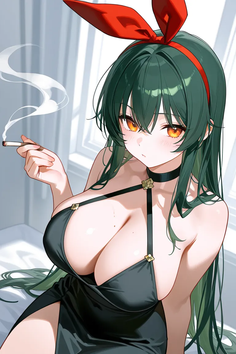 Big Breasts、dark green straight long hair、black dress、 amber eyes、Tobacco