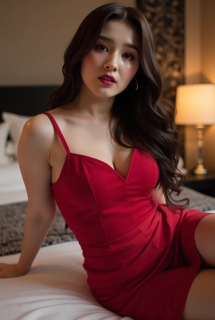 :
"A stunning woman with a busty, hourglass figure, wearing a bold and stylish dress that drapes elegantly. The dress is slightly undone in a fashionable way, revealing a hint of allure while remaining tasteful. She sits gracefully on a luxurious bed, gazi...