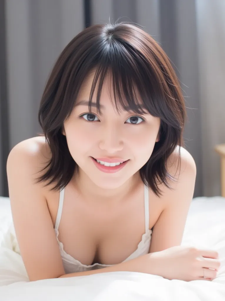 detailed depiction  , Expressive Eyes 、 lie on your back on the bed、open her legs、,  small breasts:1.5、((( nudes:1.9))),  Highlights soft light   ,  The background gently cradles her delicate face  、  stand out with their delicate features and gentle gaze ...