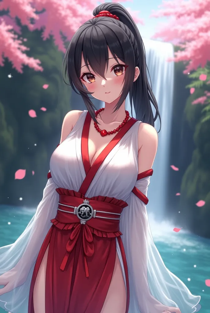 Glamorou shrine maiden wet in a waterfall、３D anime character、wet and transparent white and red costume、Red Necklace、ponytail black hair、dark eyes、fucked silly、I'm going to the waterfall 、、looks at the camera、Shrine Falls with cherry blossoms visible