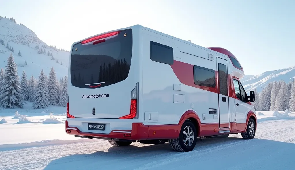 "Generate a highly detailed and realistic image of a motorhome in a shiny [white and red mix colour] color. The motorhome should be viewed from the [insert position: back], with the name '[Volvo motorhome]' prominently displayed on its body. The design sho...