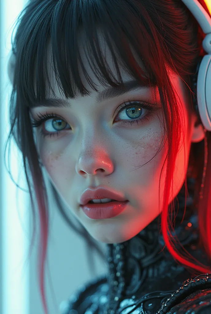 Hailee steinfeld,Half android face,Robot girl,Long  neon red and black hair,Beautiful perfect woman,White matt skin,Completely plastic White android woman,Closeup on eyes,Facing viewer,Two androids behind,Closeup, looking to viewer  ,white alien medical ro...