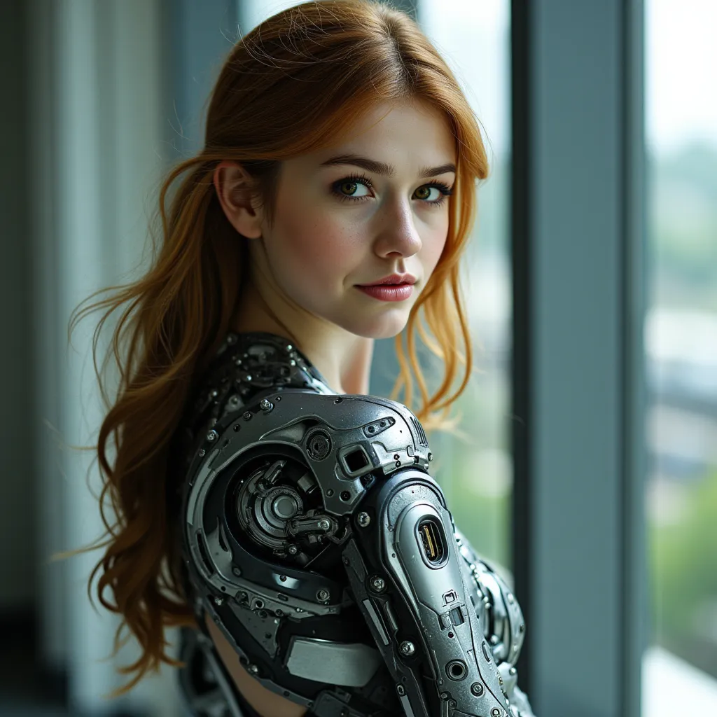 Girl with a Left Bionic Arm, Futuristic arm, technological arm, brazo fino, 