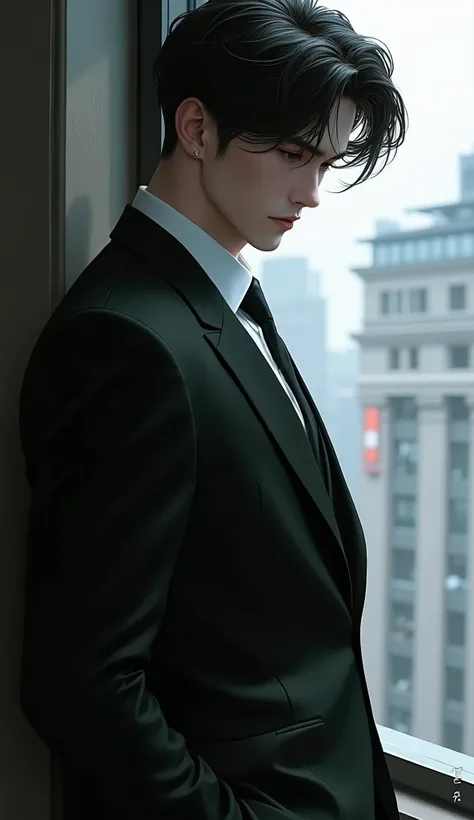 handsome man1,((side view)),I'm turning my head, 20s, I'm looking out the window, Witnessing a scene where a lover cheats,  cold expression, Calm , Perfect body in a black suit, handsome face.   sad expression, Sluggish eyes. 