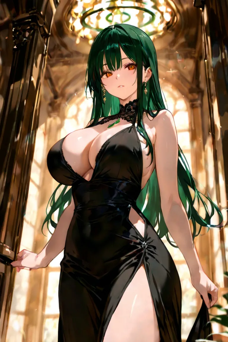 Big Breasts、dark green straight long hair、black dress、 amber eyes、