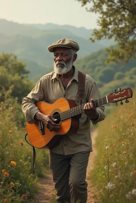 Black man in his 60s with gray hair, short beard and a beret, with buttoned shirt, medium complexion playing his Creole guitar while walking, in the countryside