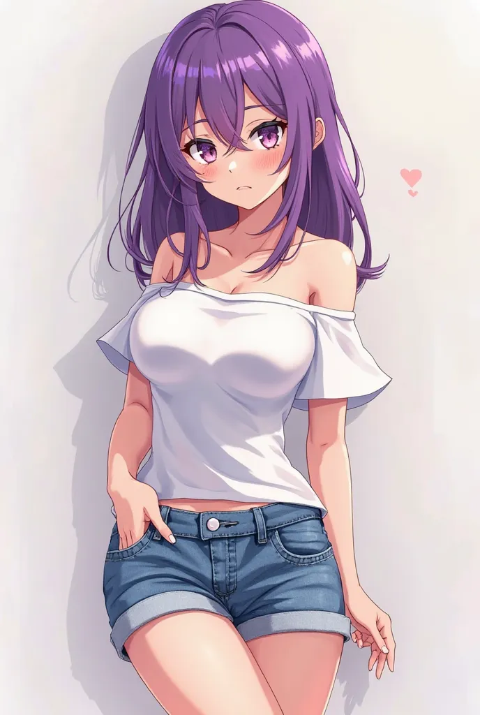 Generate me an cute and tsundere anime girl,she has purple hair ,she has big breast and very big tights,she wears a white top off shoulder with denim shorts,make her look like an tsundere anime girl 