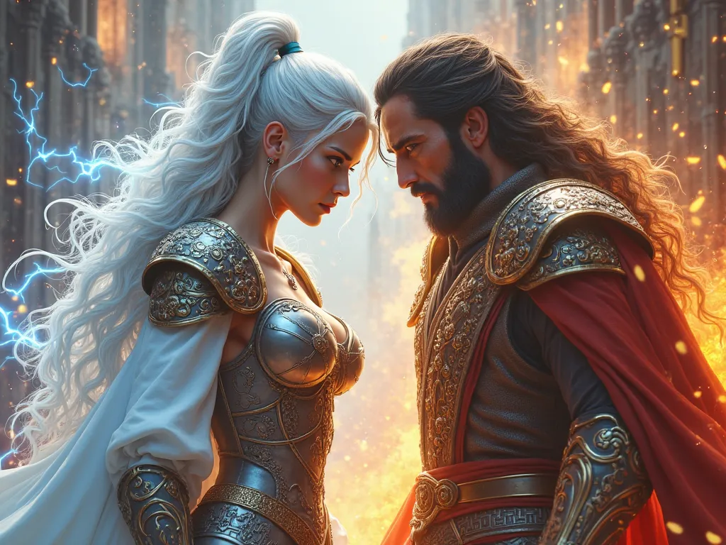 Warrior princess sexy white hair electric powers and an adult face medium brown-haired prince flame power medieval realistic style 