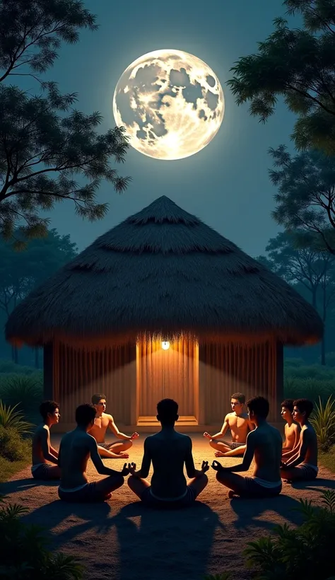 The young men meditate forming a circle, under the full moon, in front of a shack house with Javanese nuances of 1880 , surrounded by shady trees and shrubs. realistic and natural lighting, high quality