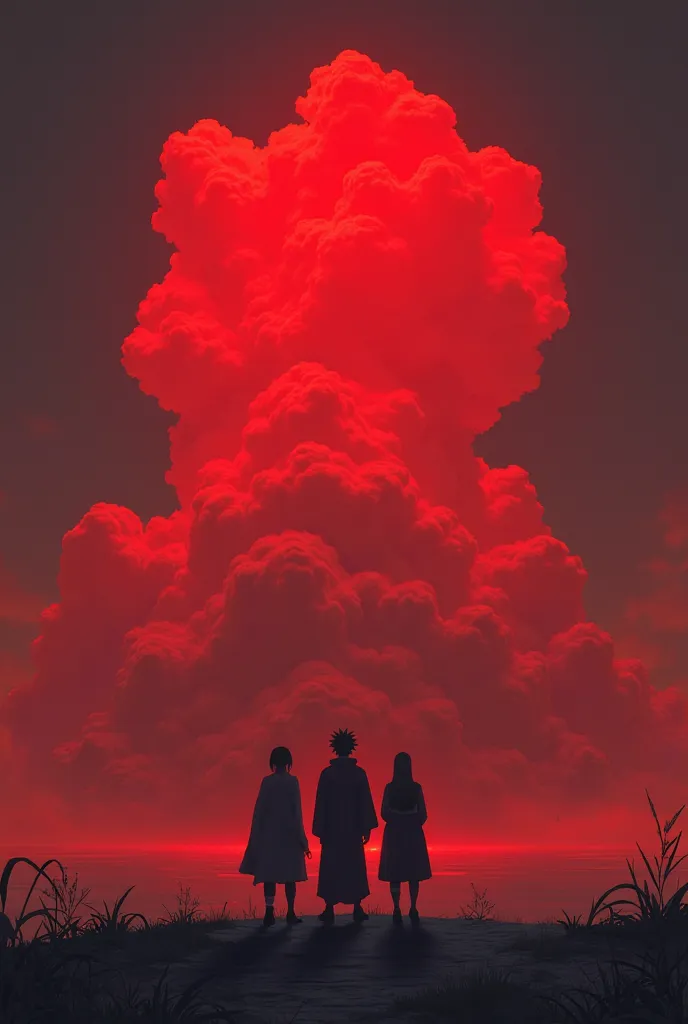 a group of people standing in front of a red cloud, concept art inspired by Kanō Sansetsu, deviantart, conceptual art, akatsuki akira, phone wallpaper, iphone wallpaper, wallpaper mobile, yume nikki, anime cover, red cloud light, mobile wallpaper, from nar...