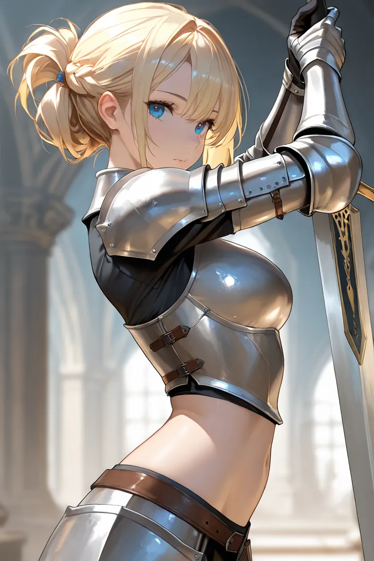 beautiful sexy girl, simple hairstyle, blonde hair, attractive, top quality, masterpiece, knight outfit, showing less clothes, cinematic shot, dynamic pose, mysterious, fit body, low viewpoint, looking at viewer, holding a sword, is a knight, blue eyes