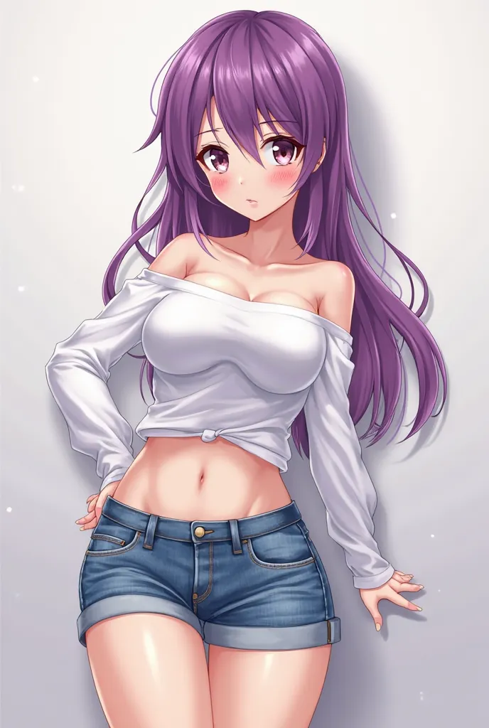 Generate me an cute and tsundere anime girl,she has purple hair ,she has big breast and very big tights,she wears a white top off shoulder with denim shorts,make her look like an tsundere anime girl 