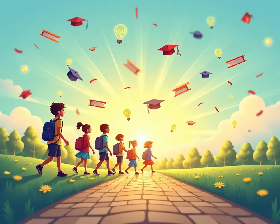 a poster with a background with gradient shades of blue and yellow, symbolizing growth and a bright future, where a path of books extends to a horizon full of opportunities; in the foreground, boys and girls of various ages and ethnicities walk with backpa...