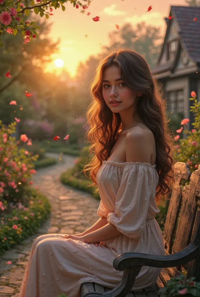 Draw a beautiful garden in the house. I want a woman with a live-action high resolution and wavy hair to sit on a garden bench where the sun is setting