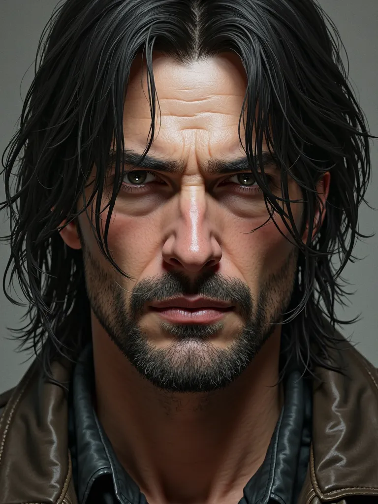 Leon S Kennedy with a goatee and a thin moustache and no side beard. Long hair.