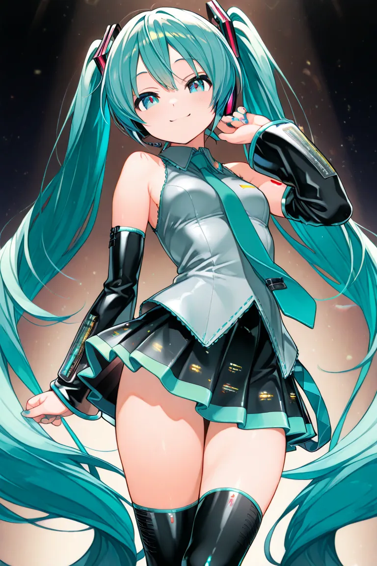 1 girl,Hatsune Miku, vocaloid ,blue-green long twin tails,miniskirt,sleeveless,tie,headphones,black arm covers,black long boots,blue-green nails,pretty girl,cute,innocent smile