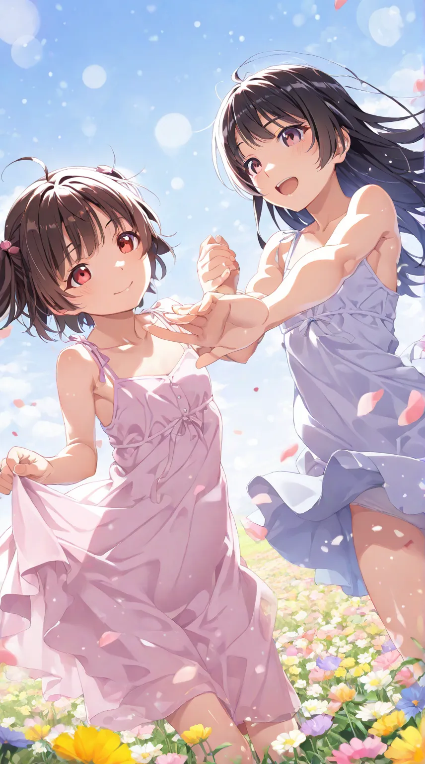 2 girls,Flower Field,dance,High Resolution,realistic,high quality,4K,HDR,professional,Bokeh,Vivid Colours,natural light,Outdoors,spring,Cheerful,joy,anime style,illustration for both eyes、score_9, score_8_up, score_7_up, score_6_up,watanabe akio, poyoyon r...