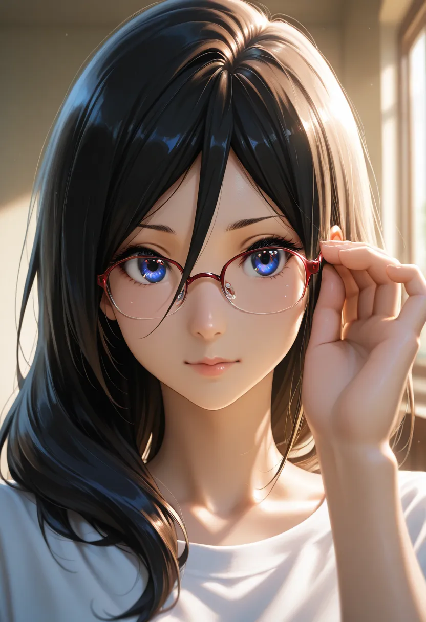 masterpiece, best quality, vibrant, very aesthetic, high contrast, photorealistic portrait,beautiful detailed face,detailed texture,detailed skin, newest, BREAK 1girl, tanaka asuka, hibike! euphonium,glasses,shirt,room
