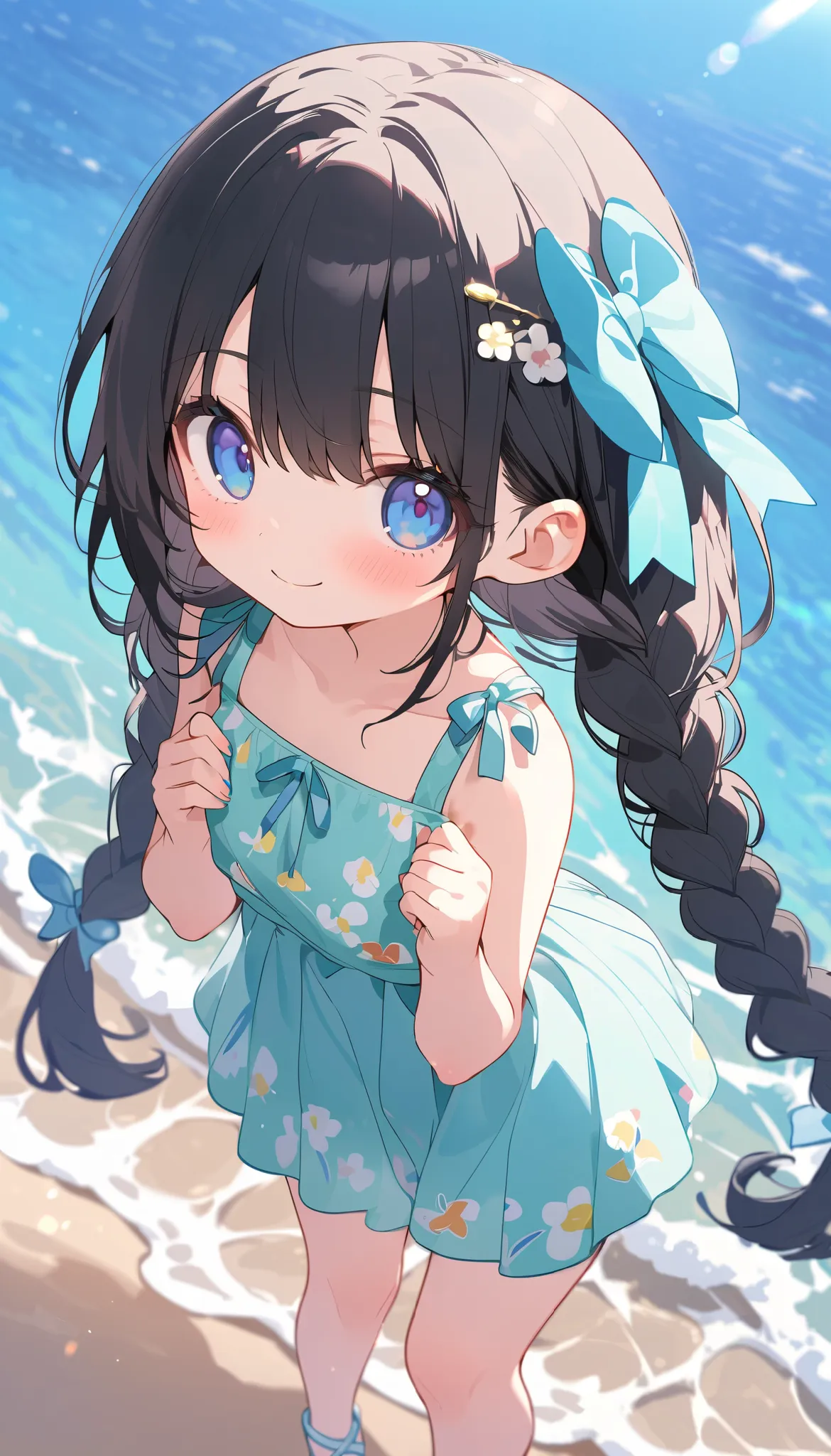  only one girl、 full body shot , Ultra High Precision,  top quality, braided hair、 Beautiful Eye Details  、   black hair、blue eyes、 cute smile、 cute summer outfit、 seaside simple background