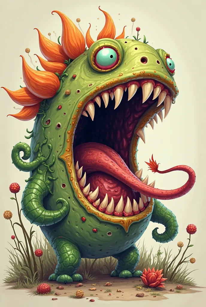 a cartoon image of a plant with a big mouth and a long tongue, worm mouth, giant mouth, plant monster, alien flower, tomato monster, alien plant, new emoji of biting your lip, carnivorous plant, gaping mouth, a plant monster, alien mouth, alien flora, open...