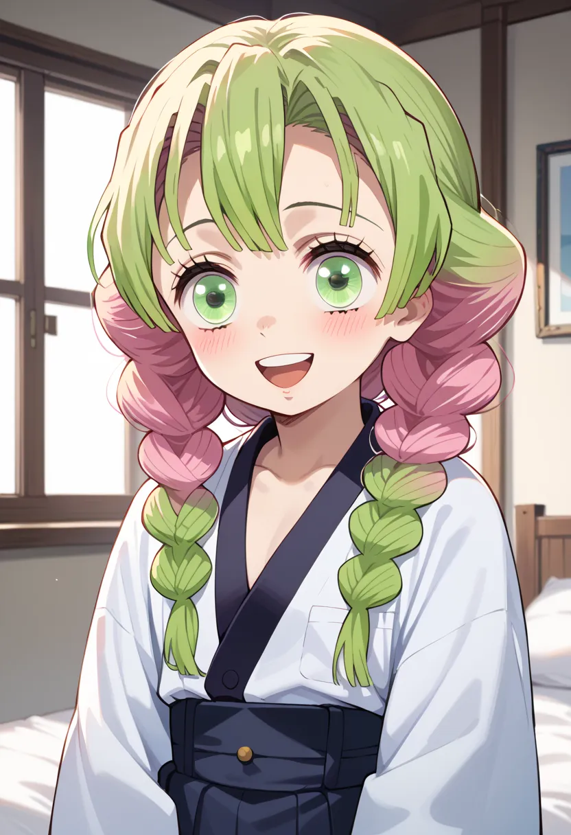 ((top quality)), ((masterpiece)), (be familiar with), perfect face, indoors, bedroom, watching viewers,
One woman, Kanroji Mitsuri,
open mouth, ecstatic expression, blush, smile,
 small tits, flat chest, Young girl,  lori,  ,  girl,
long hair, braids,
 ope...