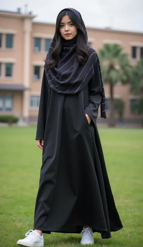 The image shows a 20 years old thin girl wearing a long, flowing black  firly abaya with ared cheak stripe color scarf  covering her head. The abaya is made of a silky fabric . The woman is standing on a grassy lawn with a school in the background. She is ...