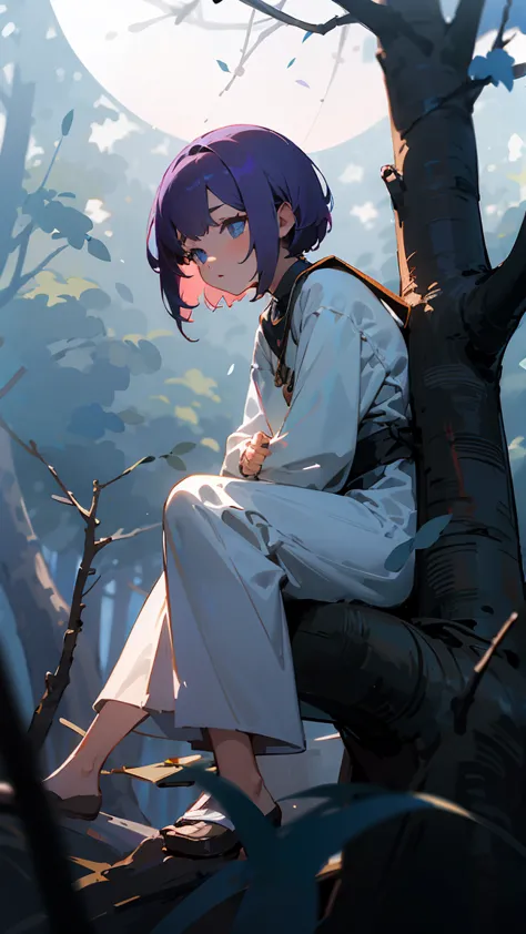 (masterpiece, best quality),A blue-eyed girl with short purple hair is sitting in a tree in a moonlit night forest、sitting in a field of, warm lighting on both sides of the frame, rough look, blurry foreground、