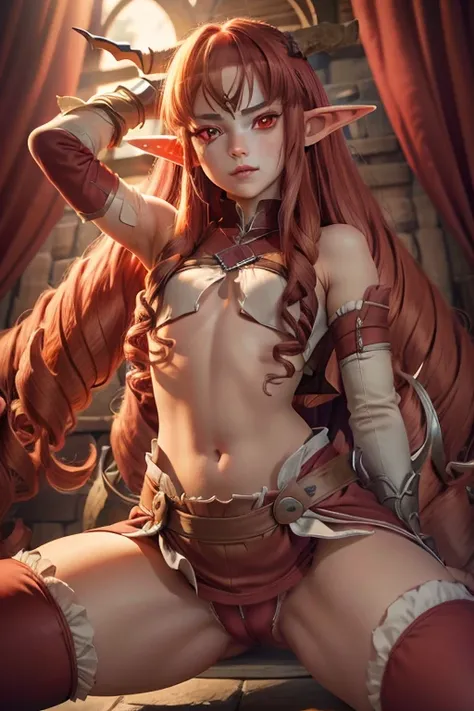 Elinaslise, long hair, elf ears,(red eyes:1.4), crouching down showing her crotch looking at the viewer in an erotic way