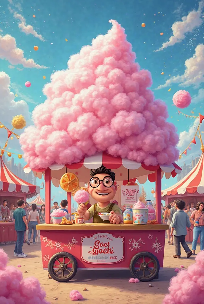 Create a advertisement for a stall selling candy floss called soet wolkie