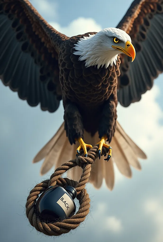 Generate an image of an eagle that has caught a rope ,This code is attached around the perfume called Black that flies into the air. the perfume is close to the camera and the eagle a little away