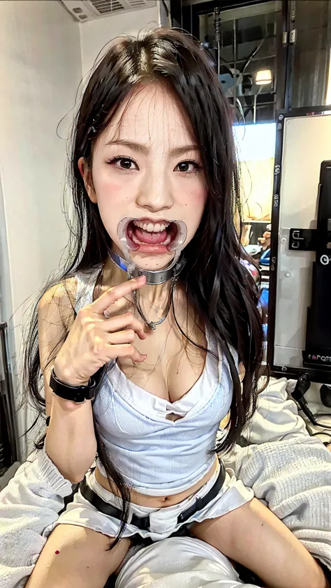 in a shady dungeon 18+  sex toys 、female sexy collarbone cleavage wearing shorts, Half undress, Ultra-short transparent underwear, kneel on the ground, Hands handcuffed backwards, Hands handcuffed backwards, 8k HD facial care 8k HD moist skin, spits out he...