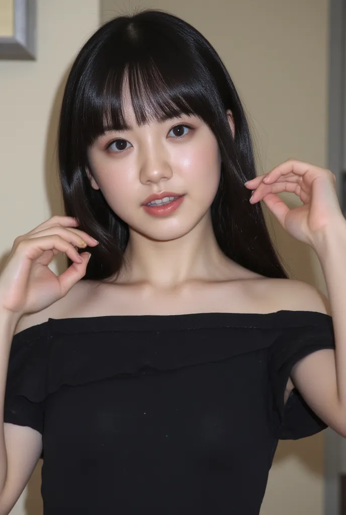 high-resolution photo of a young Japanese female idol, Alone, 1 girl who died,  wears an off-the-shoulder dress, looks at the camera, long black hair with straight hair front bang, pale skin, detailed face, detail eyes,  seductive eyes, light makeup that b...