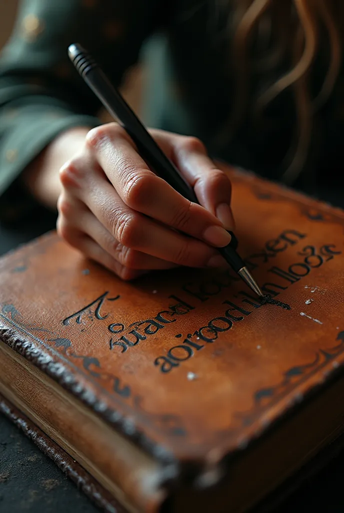 A close-up image of a female writer's hand full of hena writing a text "a forbidden book" on a leather book cover.